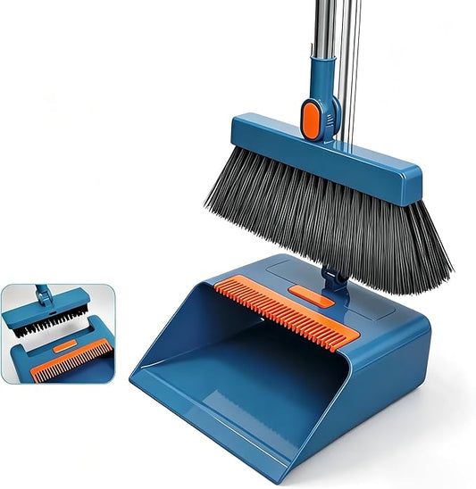3 in 1 Broom and Dustpan Set with Adjustable Push Broom with 48.8“ Long Handle for Floor Sweeping Outdoor Indoor Sweeping Combo for Home & Kitchen (Blue)