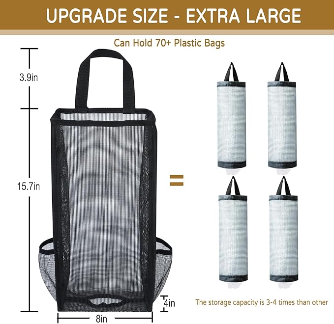 Plastic Bag Holder, Large Capacity Grocery Bag Holder, Breathable Mesh Plastic Bag Holders for Grocery Bags Storage, Lightweight Trash Bag Holder Dispenser Organizer, Black