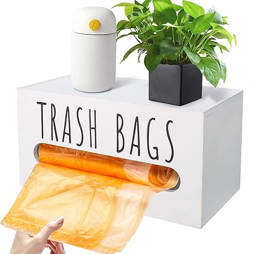 Trash Bag Dispenser, Wall Mount Trash Bags Holder Dispenser with Lid Wooden Kitchen Trash Bag Roll Organizer Plastic Garbage Bag Storage for Cabinet. (White)