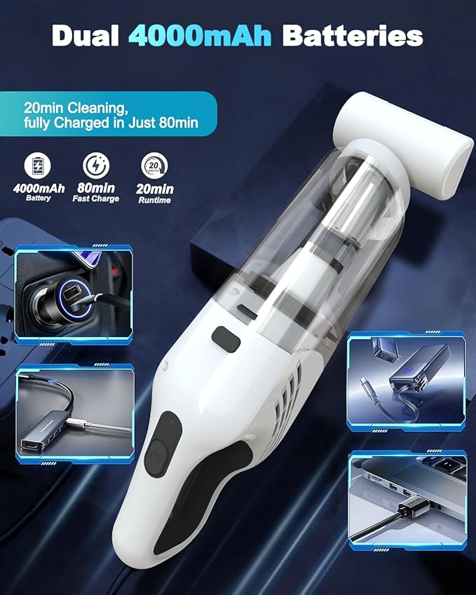 Handheld Vacuum Cordless, 16000PA High Power Suction Hand Held Car Vacuum Cleaner Portable with Washable Filter & Multi Accessories, Rechargeable Dust Busters for Car Home Office and Pet Hair