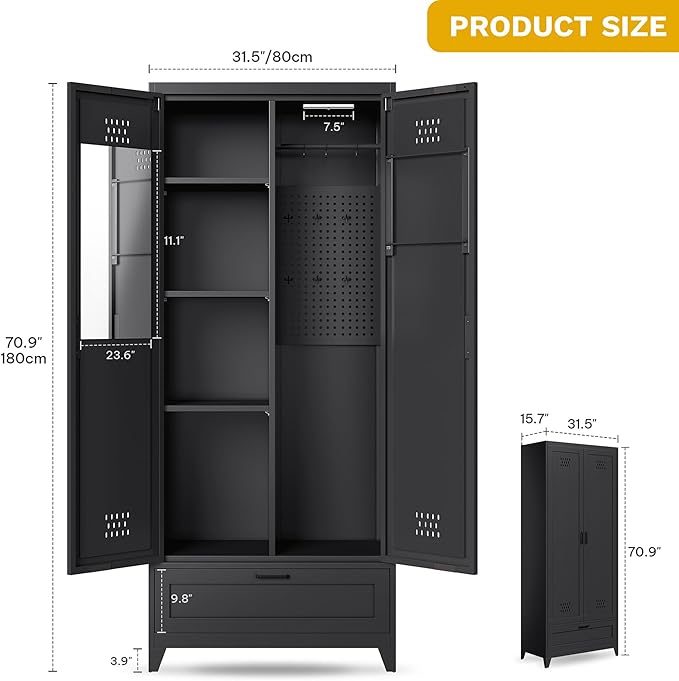 DWVO Metal Garage Storage Cabinet with Pegboard, 71" Tall Broom Cabinet with Lights, Adjustable Shelves, Heavy Duty Tool Storage Cabinet for Garage, Cleaning Room, Gym