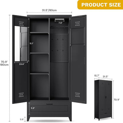 DWVO Metal Garage Storage Cabinet with Pegboard, 71" Tall Broom Cabinet with Lights, Adjustable Shelves, Heavy Duty Tool Storage Cabinet for Garage, Cleaning Room, Gym