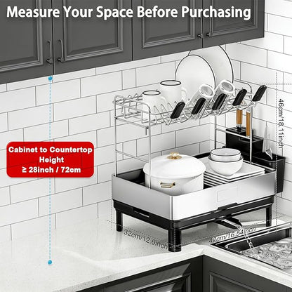 Ewaiira Dish Drying Rack, 2 Tier Large Dish Rack, Stainless Steel Dish Drainer for Kitchen Counter, Dishes Rack with Automatic Drainage, Utensil Holder,Cups Holder,Space Saving Kitchen Organizer,Black