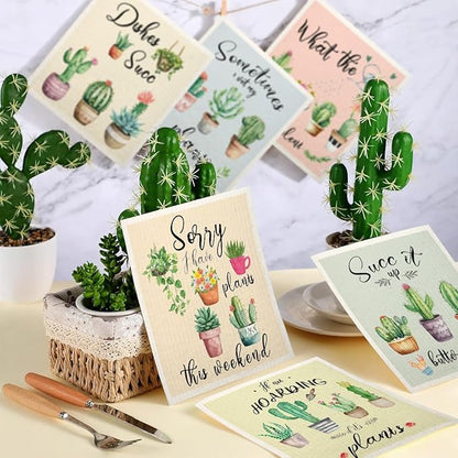 Swedish Dishcloths for Kitchen | 6 Pack Floral Reusable Paper Towels Washable | Swedish Dish Towels | Non-Scratch Cellulose Sponge Cloths | No Odor, Biodegradable Cleaning Cloths, Cactus