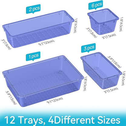 ElegantArray 12 PCS Drawer Organizer Set, 4 Sizes Tool Storage Trays, Clear Plastic Makeup Vanity Organizer and Storage Bins for Stationeries, Multiple Gadgets for Office, Bedroom, Navy Blue