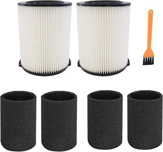 2 Pack VF4000 Filter Replacement for Ridgid for Shop Vac 5-20 Gallon Wet Dry Vacuums + 4 Pack Foam Sleeve for Ridgid Wet Dry Vacuum + 1 Pack Brush Cleaner (7 Pack)