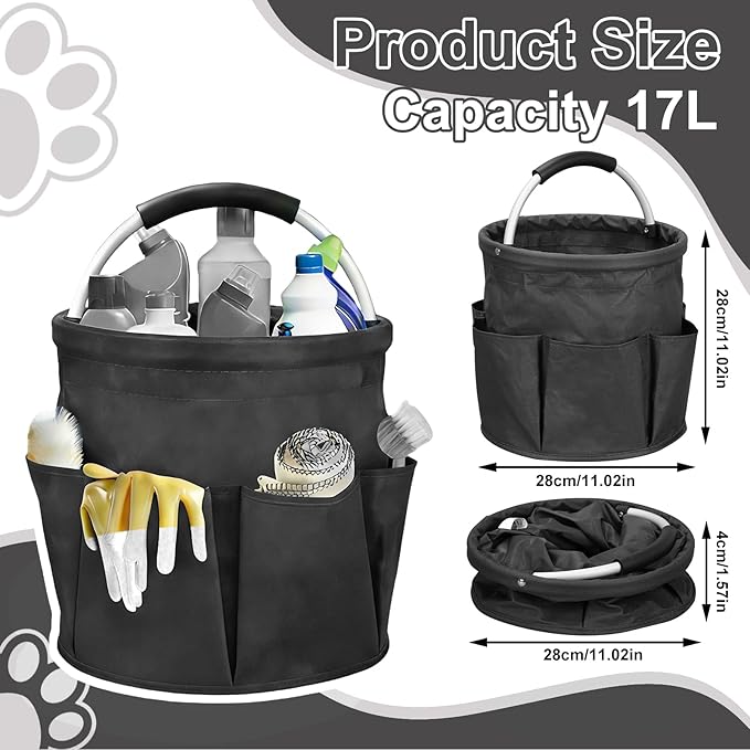 Qivine Cleaning Caddy for Cleaning Supplies, 17L Cleaning Supply Caddy with Handle Foldable Cleaning Supplies Organizer Bucket Tool Bag Organizer Cleaning Products Organizers for Home, Garden (Black)