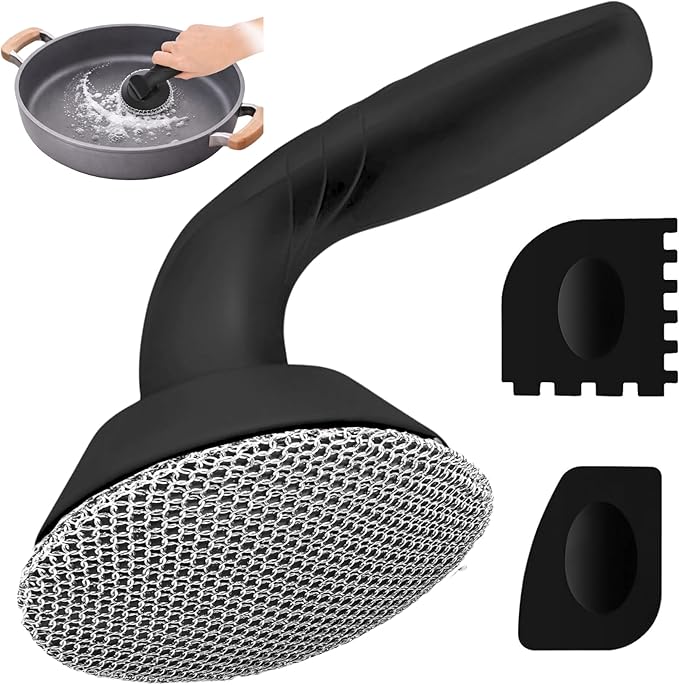 Savvi Home's Cast Iron Scrubber with Pan Scraper, 316L Chainmail Scrubber, Long Handle Cast Iron Cleaner for Dishes, Pans, Grills, Upgraded Chain Mail Scrubber for Grill Pan Skillet Wok Carbon Steel