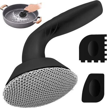 Savvi Home's Cast Iron Scrubber with Pan Scraper, 316L Chainmail Scrubber, Long Handle Cast Iron Cleaner for Dishes, Pans, Grills, Upgraded Chain Mail Scrubber for Grill Pan Skillet Wok Carbon Steel