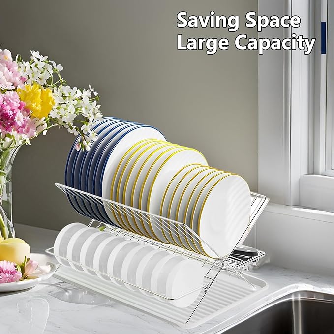 Stainless Steel Foldable Dish Drying Rack, 2 Tier Collapsible Kitchen Rack for Counter, Large Capacity Expandable Dish Drainer Rust Proof