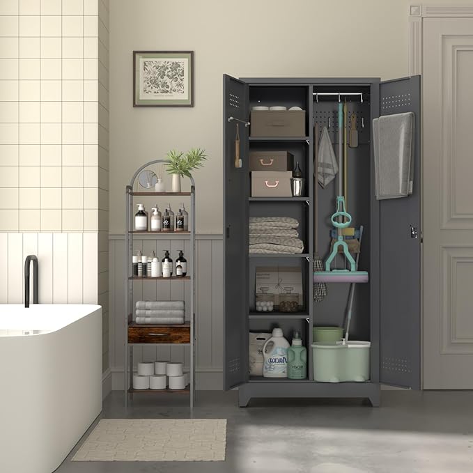72.8" H Metal Broom Closet Storage Cabinet with 2 Doors and 4 Adjustable Shelves,Locking Storage Cabinets for Garage,Laundry Room,Grey
