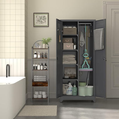 72.8" H Metal Broom Closet Storage Cabinet with 2 Doors and 4 Adjustable Shelves,Locking Storage Cabinets for Garage,Laundry Room,Grey