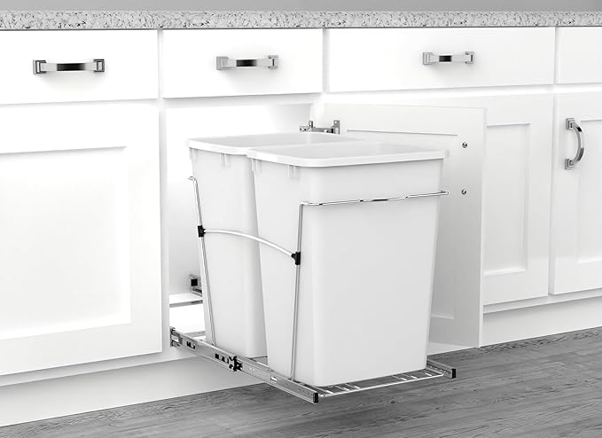Rev-A-Shelf Double 35 Qt Pullout Trash Can for Base Kitchen Cabinets, Garbage Waste Bin System with Full-Extension Slides, Min Opening Width of 14.5" White/Chrome, RV-18KD-11C S