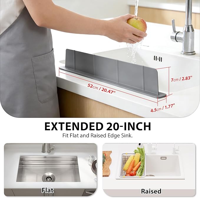 20Inch Silicone Sink Splash Guard with Strong Suction Cups, Flexible Kitchen Sink Splash Guard for Front of Sink, Easy to Clean Splash Guard for Kitchen & Bathroom (Dark Grey, 20.5''x2.8'')