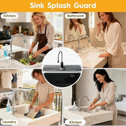 16" Silicone Faucet Mat for Kitchen Sink Released in 2025/12TH,8° Slope Fast Self-draining-Kitchen Sink Splash Guard,Bathroom Kitchen Sink Area Water Splash Guard Behind Faucet Draining Dark Grey