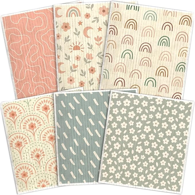 Swedish Dishcloths for Kitchen – 6 Pack Cellulose Reusable Cleaning Paper Towels – Soft, Quick-Drying, Washable Dish Rags for Kitchen, Counters & More (Boho Pattern)