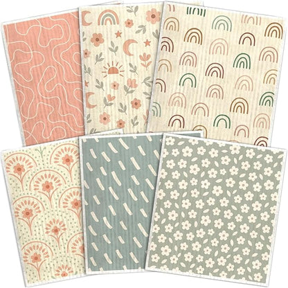 Swedish Dishcloths for Kitchen – 6 Pack Cellulose Reusable Cleaning Paper Towels – Soft, Quick-Drying, Washable Dish Rags for Kitchen, Counters & More (Boho Pattern)
