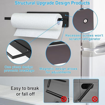 Black Paper Towel Holder, Magnetic Paper Towel Holder for Fridge, Toilet Paper Roll Holder Magnet Towel Rack Wall Mount Fridge Organizer for Paper Towels Rolls Bathroom Pantry RV Kitchen Storage