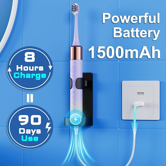 Kuicur Sonic Electric Toothbrush for Adults & Kids, Rechargeable Electric Toothbrush with 10 Brush Heads & Travel Case, Teeth Whitening, Holder, Charge for 120 Days - Purple