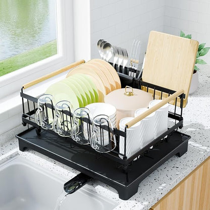 Dish Drying Rack, Dish Rack with Auto-Drainboard Rustproof Kitchen Counter Strainer with Cutlery & Cup Holders—Compact Space Saver for Small Spaces, Black