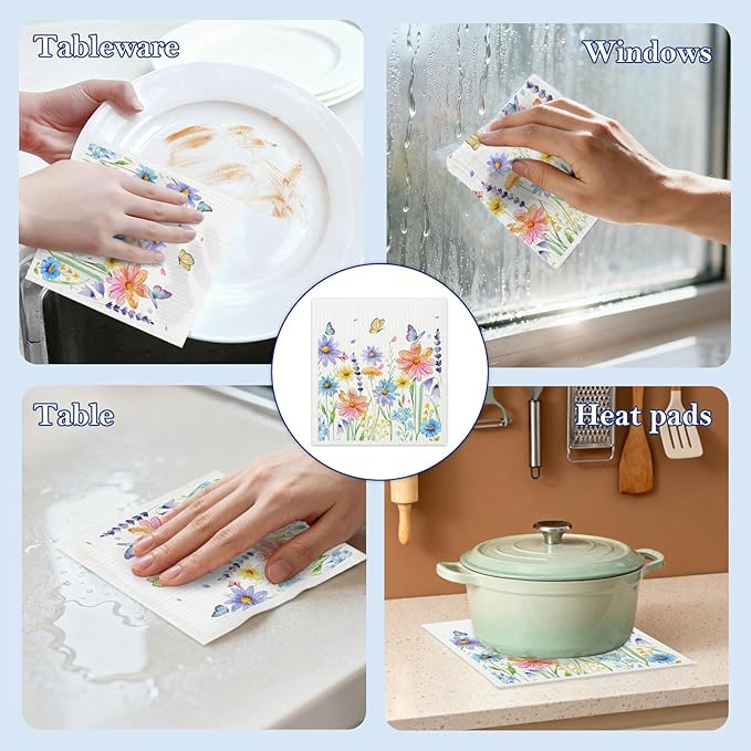 5 Pack Mixed Watercolor Flower Swedish Kitchen Dishcloths Dish Towels, Spring Floral Dish Towels for Kitchen, Swedish Dishcloth, Paper Towels Reusable, Dish Cloth Towel Cleaning Wipe for Home