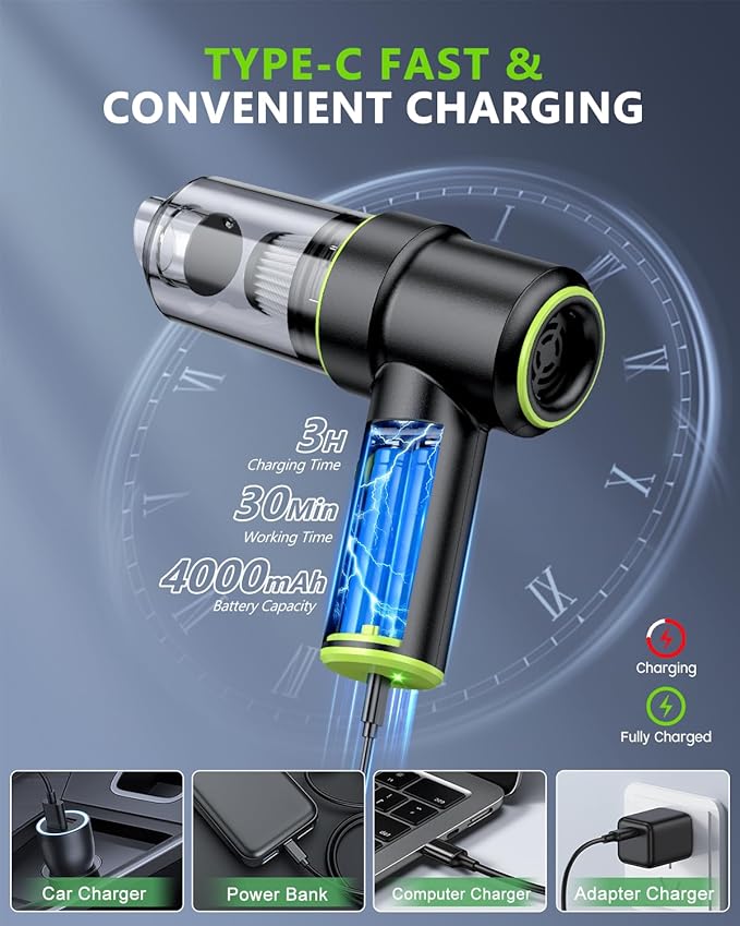 CODN Handheld Car Vacuum Portable Cordless, 12000PA Handheld Air Duster with Multi-Nozzles and LED Light, Mini Hand Held Vacuum Rechargeable for Home, Car, Office, Pet Hair