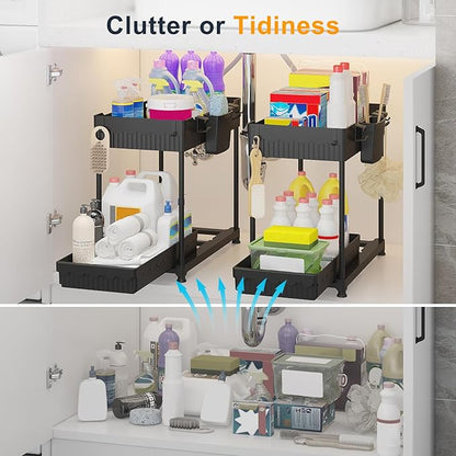 Sevenblue 2 Packs Under Sink Organizer, Height Adjustable 2 Tier Under Kitchen Sink Organizer, Multi-Purpose Storage Shelf for Kitchen Bathroom Cabinet (Black, L)