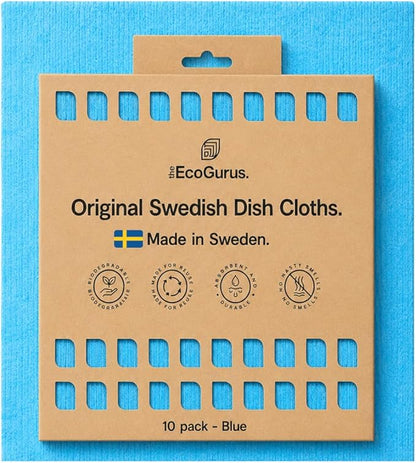 10 Pack Odour-Resistant Reusable Cleaning Cloths | Original Swedish Dishcloth | Made in Sweden | Suitable for All Surfaces | Biodegradable Cellulose Sponge | Kitchen & Bathroom | Blue