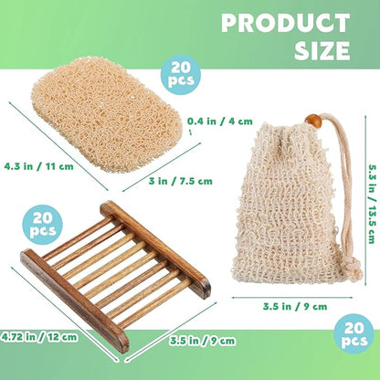 60 Pcs Soap Saver Set Including Wooden Dish, Exfoliating Bag, Saver Pads Bulk with Self Drain, Bar Soap Holder Mesh Bag for Shower Bath Home Toilet Kitchen Hotel Restaurant