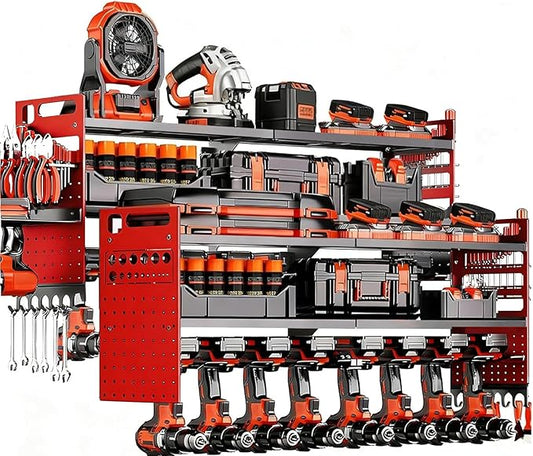 2-Pack Large Power Tool Organizer Wall Mount,Heavy Duty Cordless Tool Organizer with 18 Drill Holder,600 Lbs Capacity 3-Layer Garage Organization for Garage and Workshop (Red)