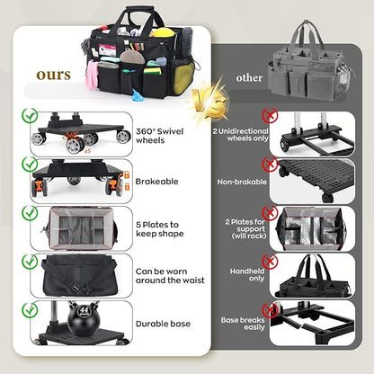 Rolling Cleaning Caddy Bag with Detachable Trolley, Multi-Functional Portable Cleaning Cart Supplies Organizer for Housekeeping and Domestic Cleaning, Cleaning Caddy with Wheels, Black