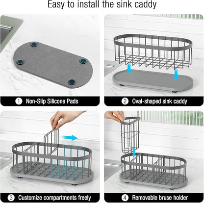 Sponge Holder for Kitchen Sink with High Brush Holder, [Stay-Dry Anywhere & No Drainage Needed] Rustproof Stainless Steel Kitchen Sink Caddy Organizer with Water Absorbing Stone Tray, Grey