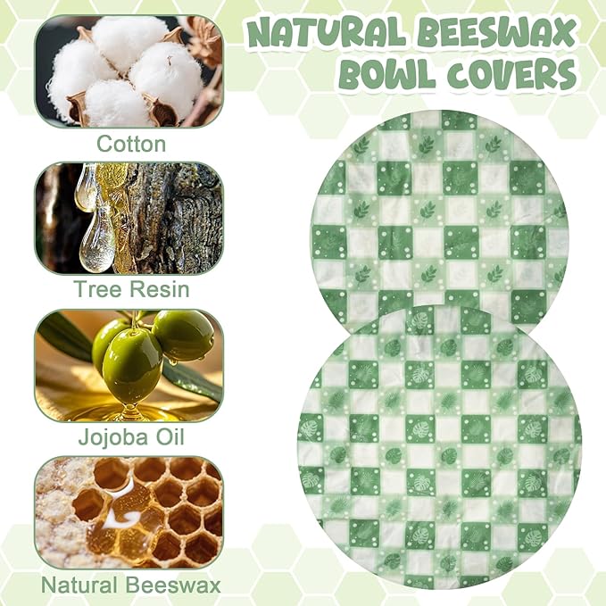 2-Pack Reusable Beeswax Bowl Covers with Green Leaf Pattern, 10/12 Inch Elastic Cotton Food Storage Covers for Bread Proofing, Sourdough Dough & Kitchen Containers