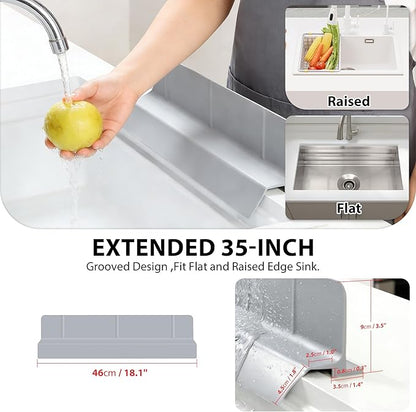 18Inch Sink Splash Guard – Extended Length & Tall Silicone Kitchen Sink Splash Guard with Overhang Drainage Design & Strong Suction Cups for Countertop (Grey, 18''x3.5'')