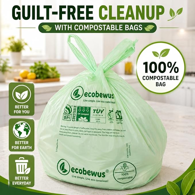 3 Gallon 100% Compostable Bags (125 Bags) Small Disposable Compost Trash Bags Food Scrap Garbage Bags US BPI Certified TUV OK Compost Home Certified Meeting ASTM D6400 (125 ct.)