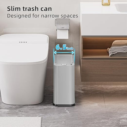 SUBEKYU Bathroom Trash Can with lid,3.5 Gal Small Kitchen Garbage Can,Plastic Office Waste Bin,Slim Wastebasket for Narrow Space,Gray