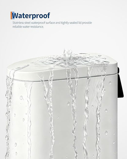 Garvee 2.6 Gallon / 10L Metal Bathroom Trash Can with Lid, Slim Step-On Bin with Soft-Close, Removable Inner Bucket & Rear Handle, Waterproof, White