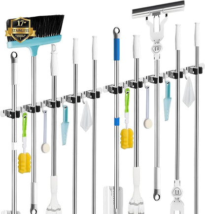 2 Pack Mop and Broom Holder Wall Mount, 5 Racks and 4 Hooks Broom Organizer Storage Tool Racks Stainless Steel Heavy Duty Hooks Self Adhesive Solid Non-slip for Home Kitchen Garden Laundry Garage