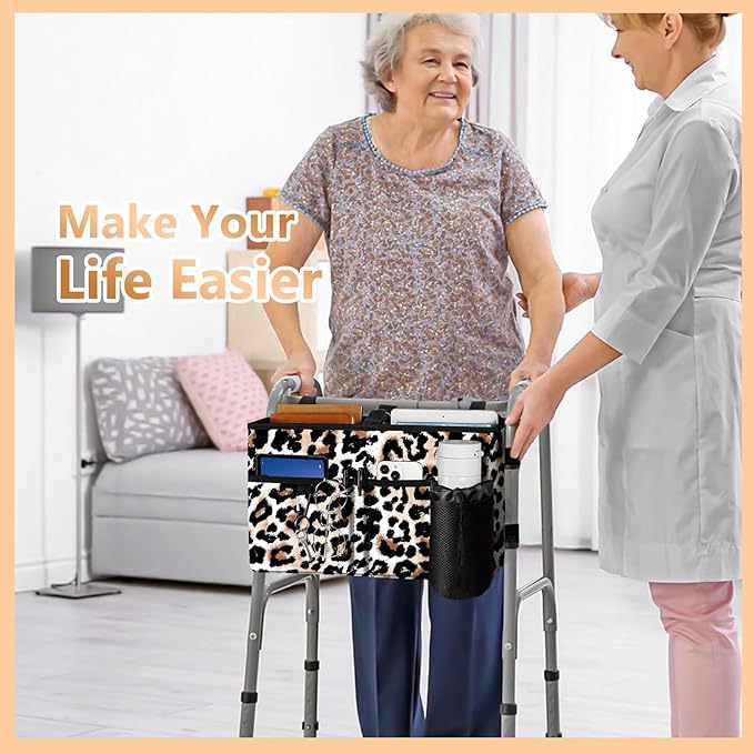 Rhino Valley Walker Bag, Secure Fit Walker Basket with Cup Holder, Large Capacity Walker Accessories for Seniors,Detachable Folding Walker Pouch Organizer for Older Elderly Gifts,Brown Leopard