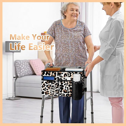 Rhino Valley Walker Bag, Secure Fit Walker Basket with Cup Holder, Large Capacity Walker Accessories for Seniors,Detachable Folding Walker Pouch Organizer for Older Elderly Gifts,Brown Leopard