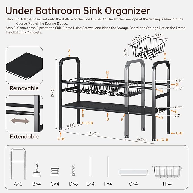Under Sink Organizer Bathroom Expandable 2 Tier,Bathroom Cabinet Organizer,Adjustable Black Cabinet Shelf for Kitchen Bathroom Laundry,Under Sink Storage Rack with Removable Baskets and Panels
