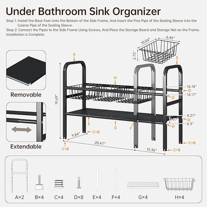 Under Sink Organizer Bathroom Expandable 2 Tier,Bathroom Cabinet Organizer,Adjustable Black Cabinet Shelf for Kitchen Bathroom Laundry,Under Sink Storage Rack with Removable Baskets and Panels