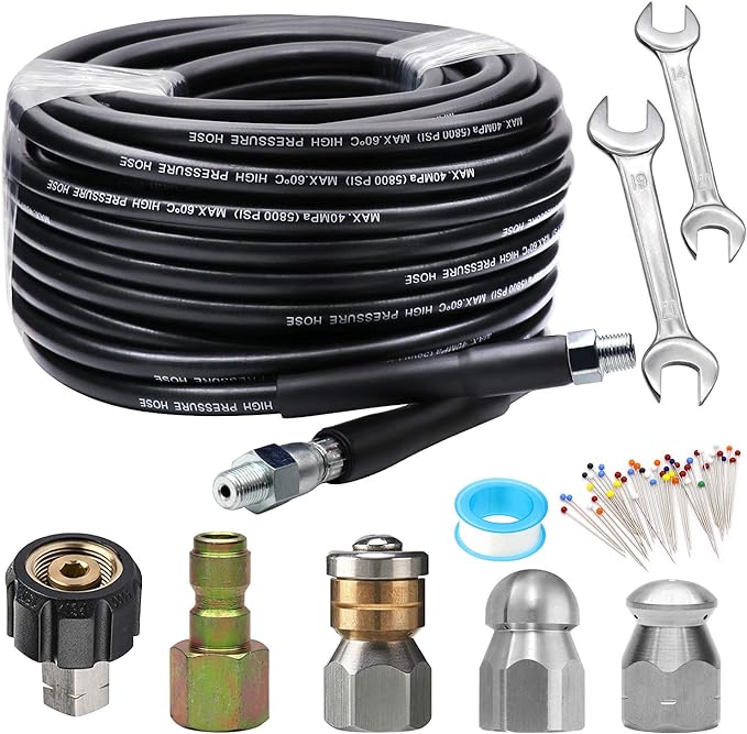 Sewer Jetter Kit 50FT for Pressure Washer, 5800PSI Drain Cleaner Hose 1/4 Inch NPT, Corner, Rotating & Button Nose Sewer Jetting Nozzle with Spanner Waterproof Tape Pearl Corsage Pin
