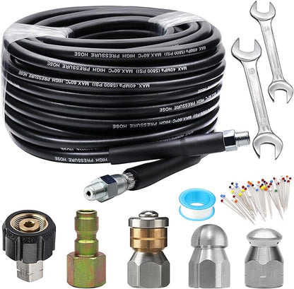 Sewer Jetter Kit 50FT for Pressure Washer, 5800PSI Drain Cleaner Hose 1/4 Inch NPT, Corner, Rotating & Button Nose Sewer Jetting Nozzle with Spanner Waterproof Tape Pearl Corsage Pin