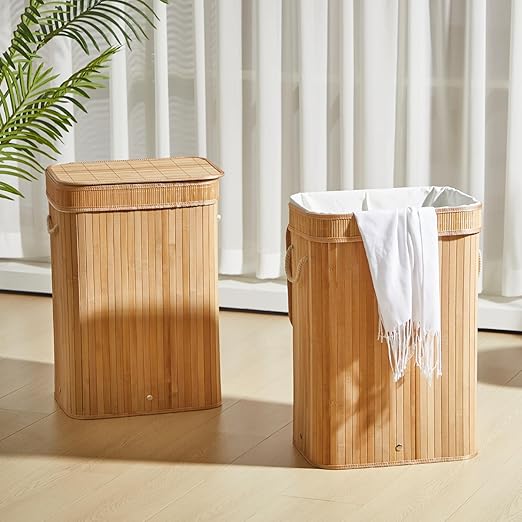 2 Pack 21 Gallon Bamboo Slim Trash Can with Lid Large Foldable Slim Rectangular Garbage Can Laundry Basket Bamboo Waste Basket for Bathroom Bedroom Office Home Salon Spa (Wooden Color)