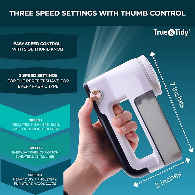 True & Tidy XL Fabric Shaver & Lint Remover, LED Digital Display, 3 Speeds, 6-Blade Stainless Steel w/Extra Blades, Type-C Fast Charging, 2.5-3.5 Hours Runtime, for Clothes, Furniture & Upholstery