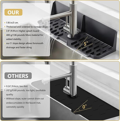 Sink Splash Guard Behind Faucet, Silicone Sink Faucet Drying Mat & Dish Soap Sponge Holder, 17" x 5.5" Silicone Kitchen Sink Auto Drain Organizer (Black)