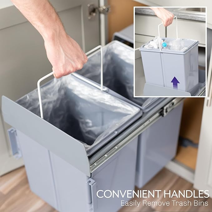 Life Finds 40L Under Counter Pull-Out Dual Trash Can System, Double Recycling Trash Can with Lid for Cabinet, Sliding Kitchen Waste Bin, Gray, LF-POTC2
