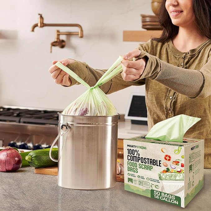Compost Bags with Handles - 50 Pieces 1.6 Gallon/6 Liter Compostable Trash Bags, Small Trash Bags, Certified By BPI And OK Compost, Food Scrap Waste Bags