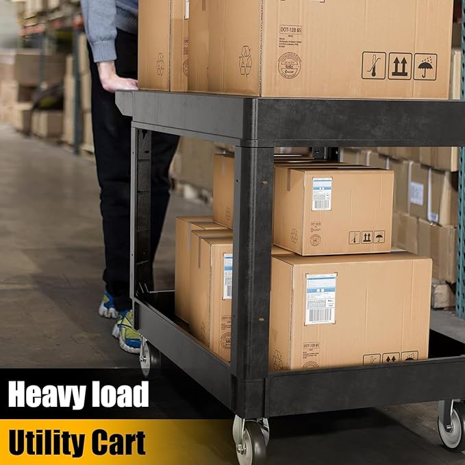2 Tier Heavy Duty Utility Cart with Wheels, 1000 lbs Capacity Flat Top Plastic Rolling Tool Cart with Lipped Shelves, 46 x 26-Inch Mechanic Work Cart for Warehouse, Garage, Cleaning, Black